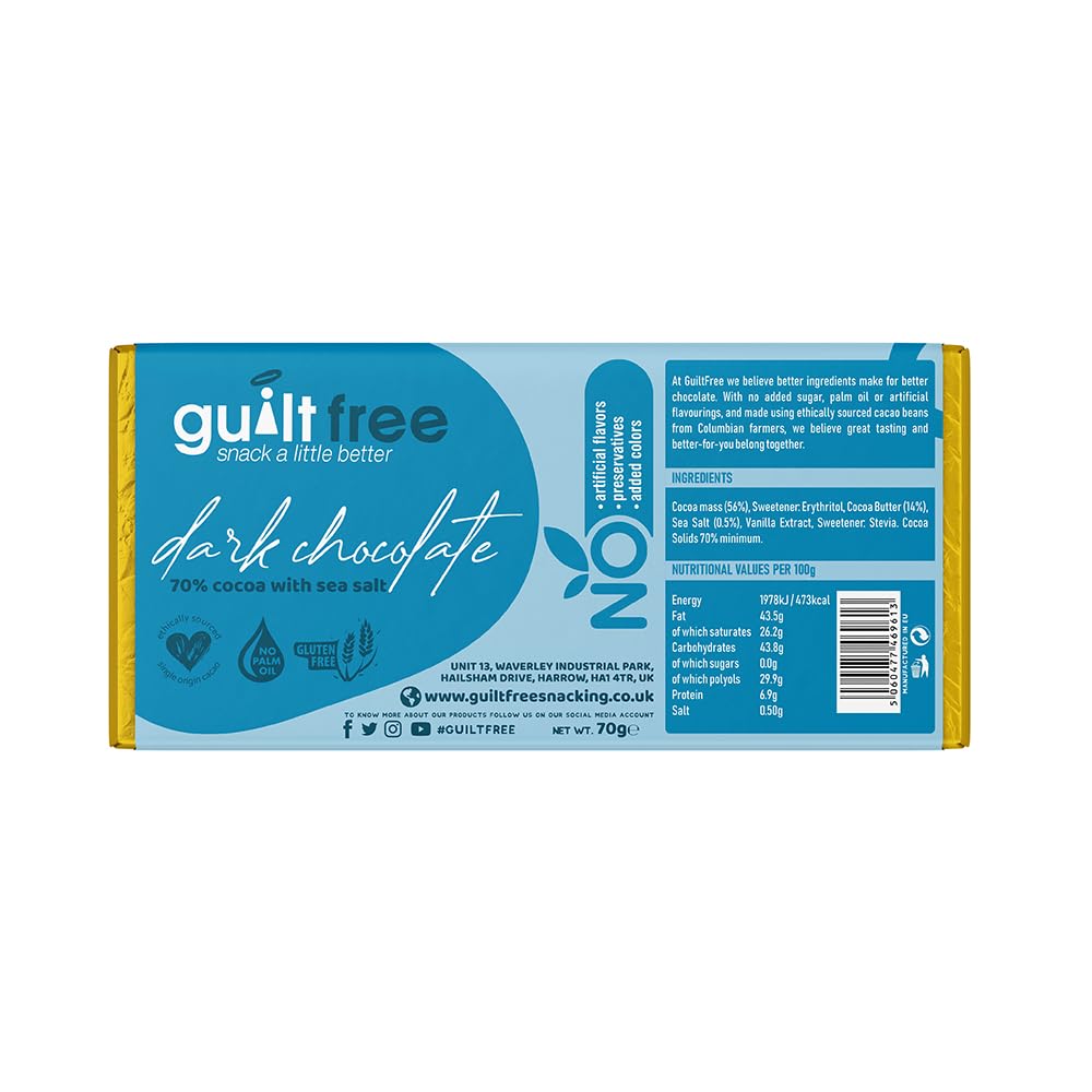 GuiltFree No Added Sugar Chocolate Bar 70g with 70% Cocoa with Sea Salt