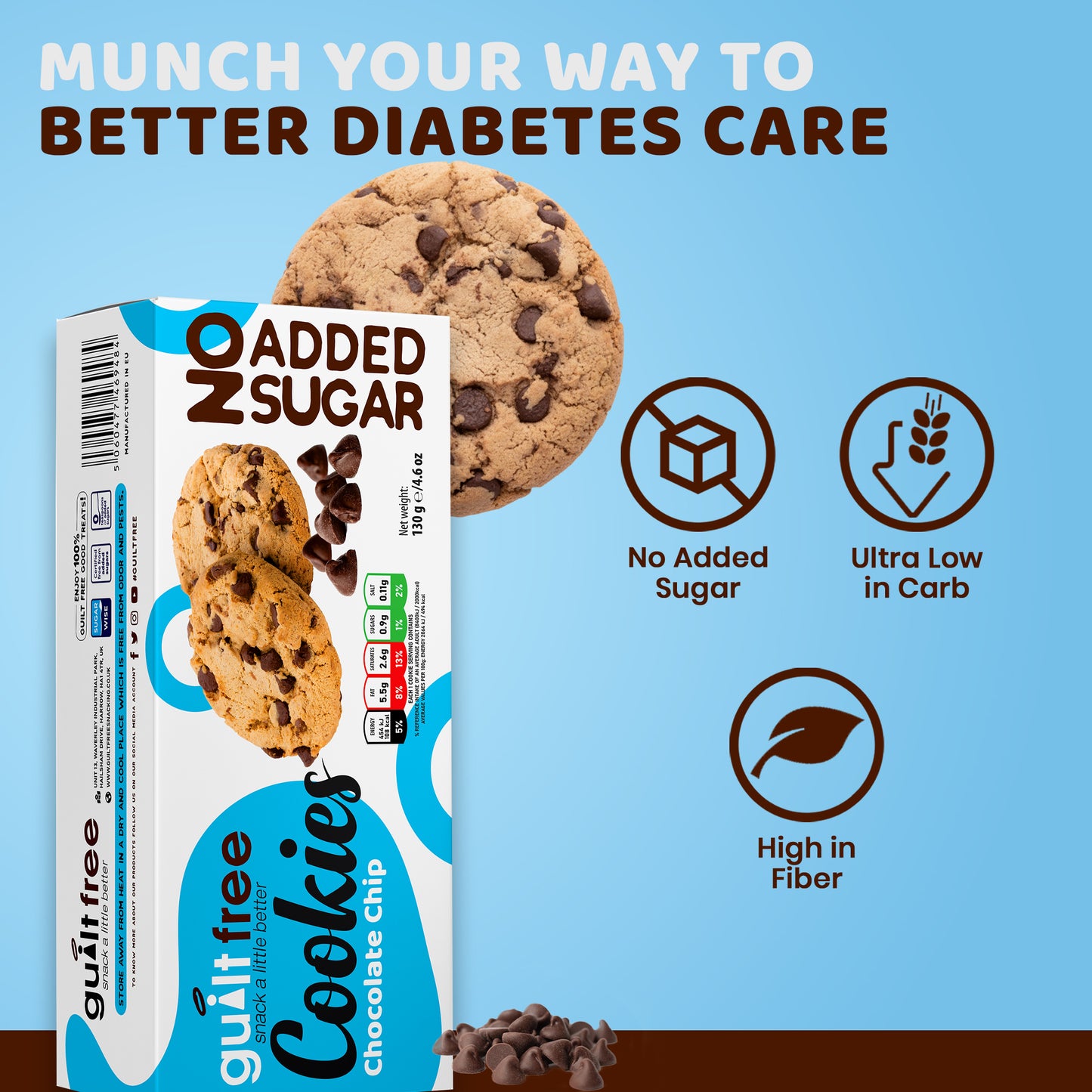 GuiltFree No Added Sugar Cookies 130g - Chocolate Chip