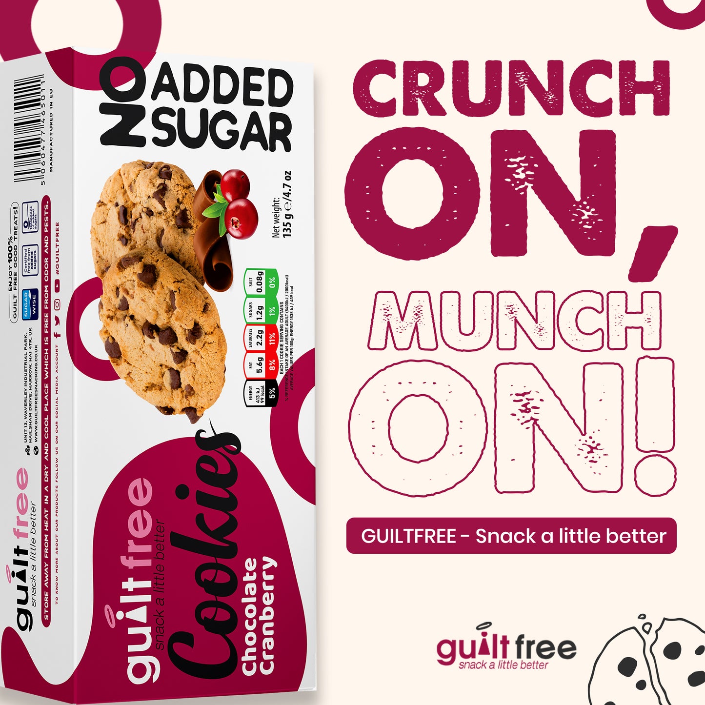 GuiltFree No Added Sugar Cookies 135g - Chocolate Cranberry