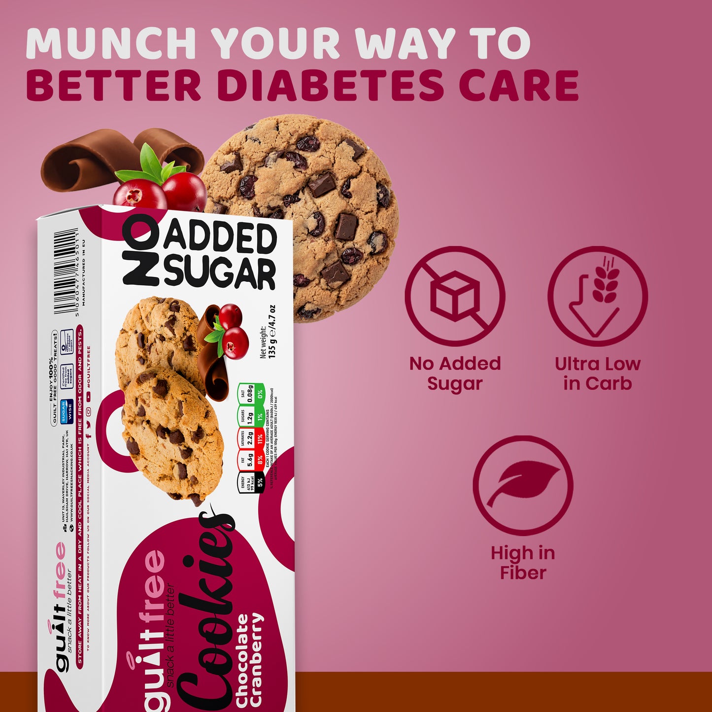 GuiltFree No Added Sugar Cookies 135g - Chocolate Cranberry