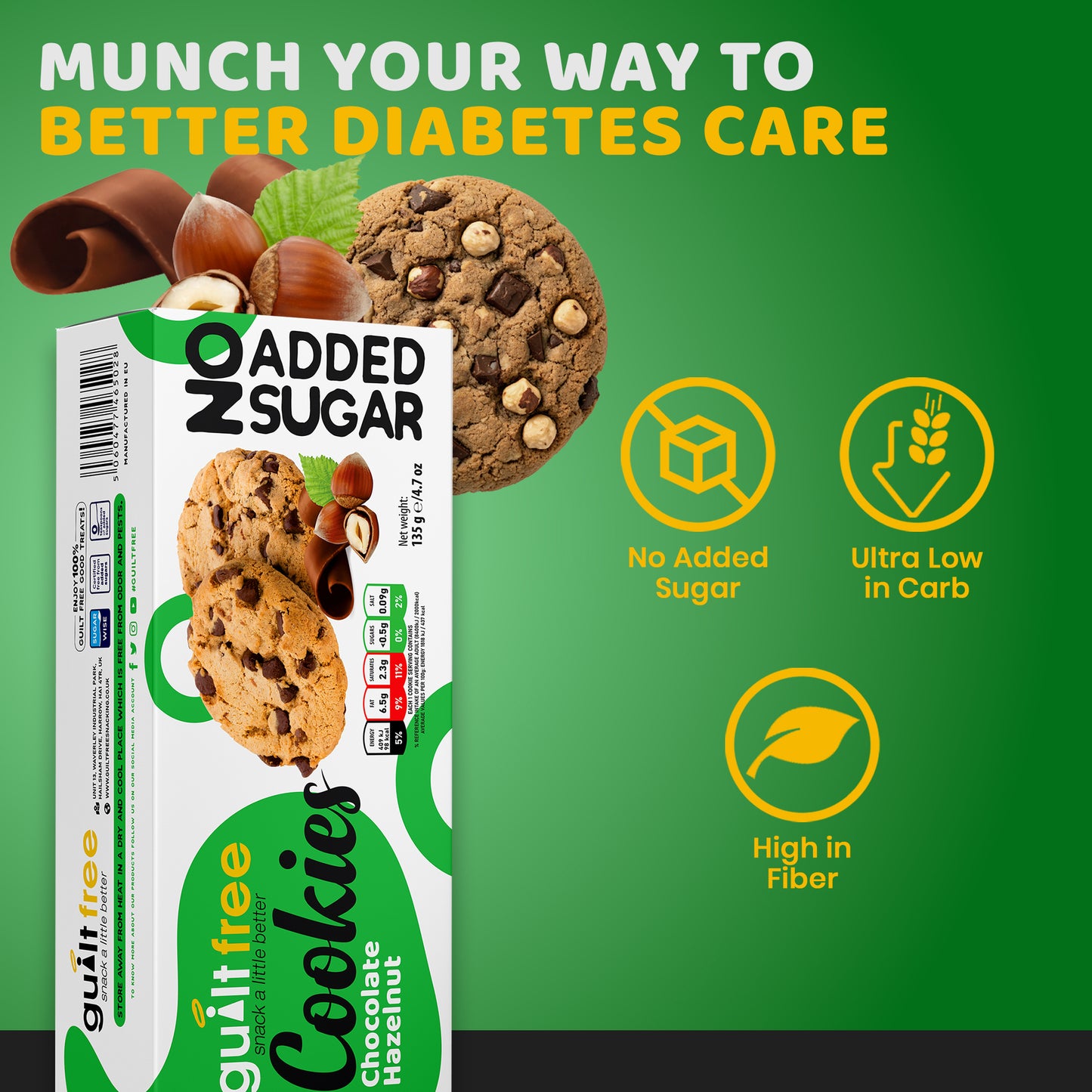 GuiltFree No Added Sugar Cookies 135g - Chocolate Hazelnut