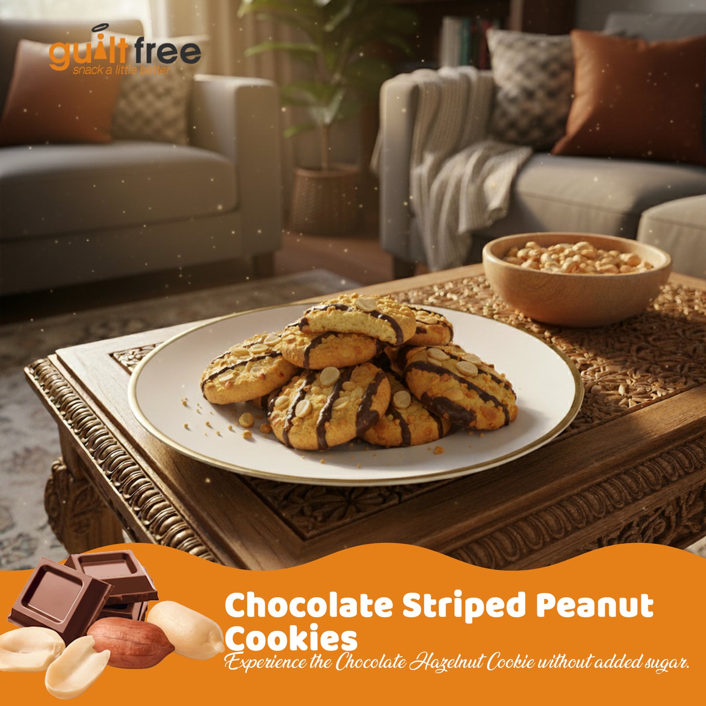 GuiltFree No Added Sugar Cookies 125g - Chocolate Striped Peanut
