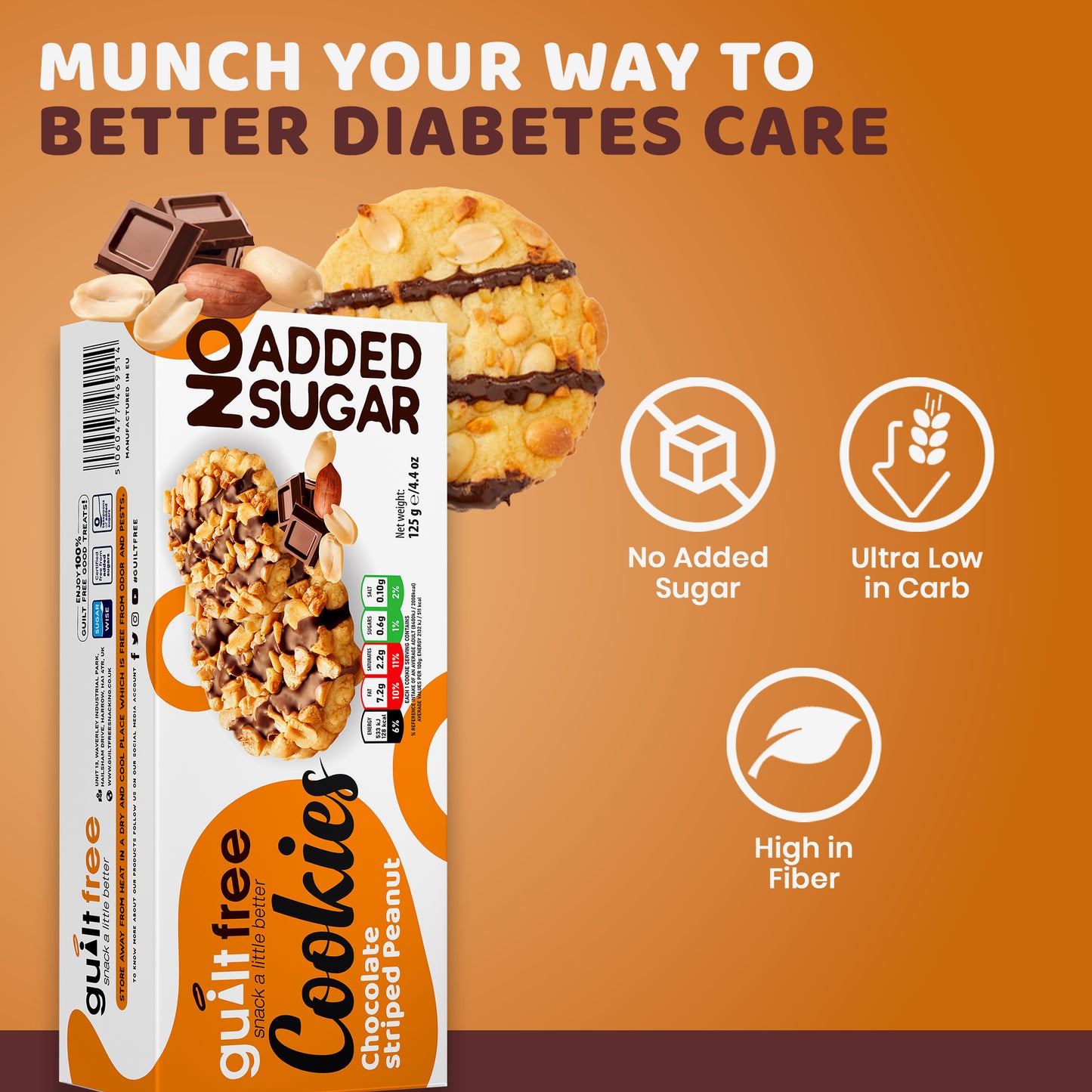 GuiltFree No Added Sugar Cookies 125g - Chocolate Striped Peanut