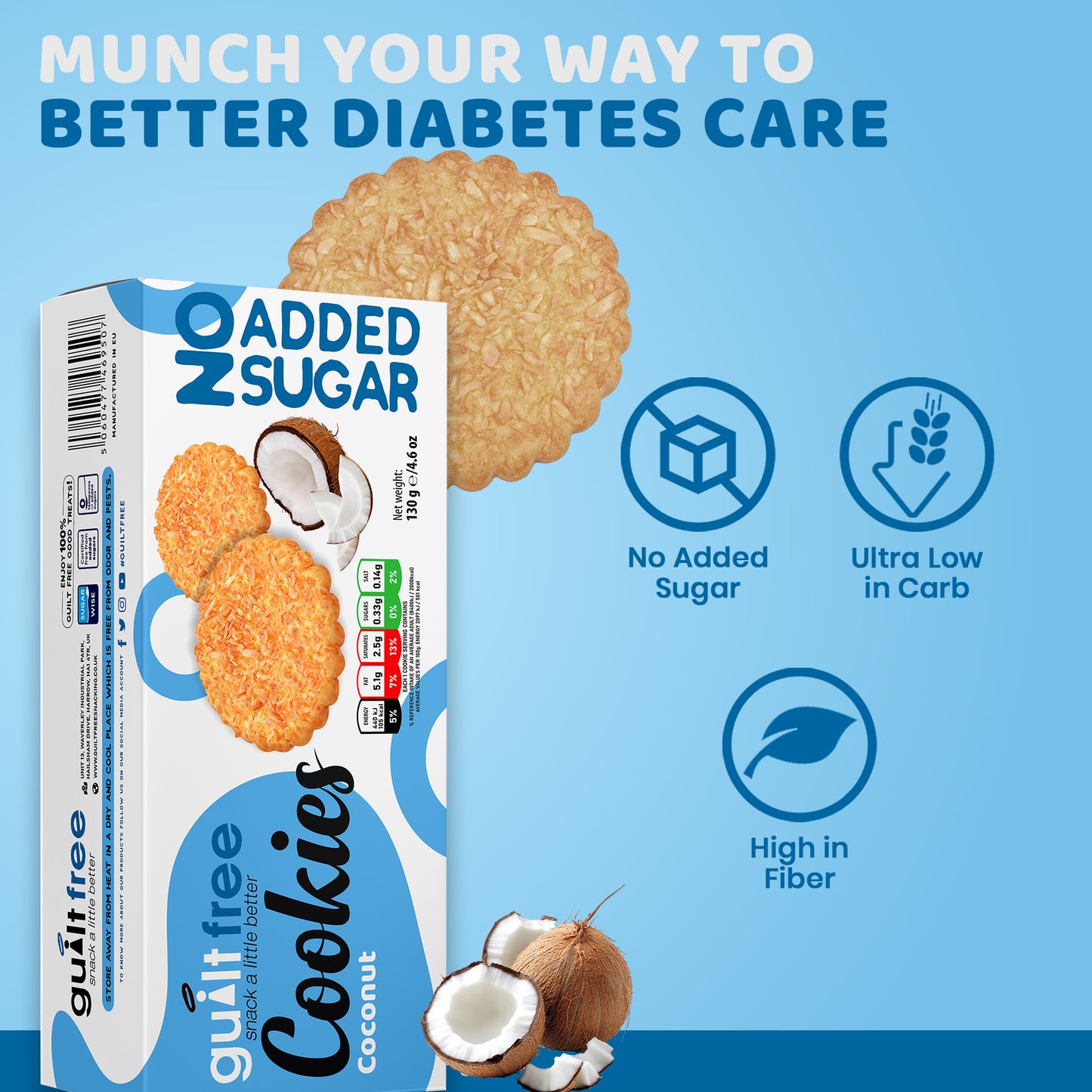 GuiltFree No Added Sugar Cookies 130g - Coconut
