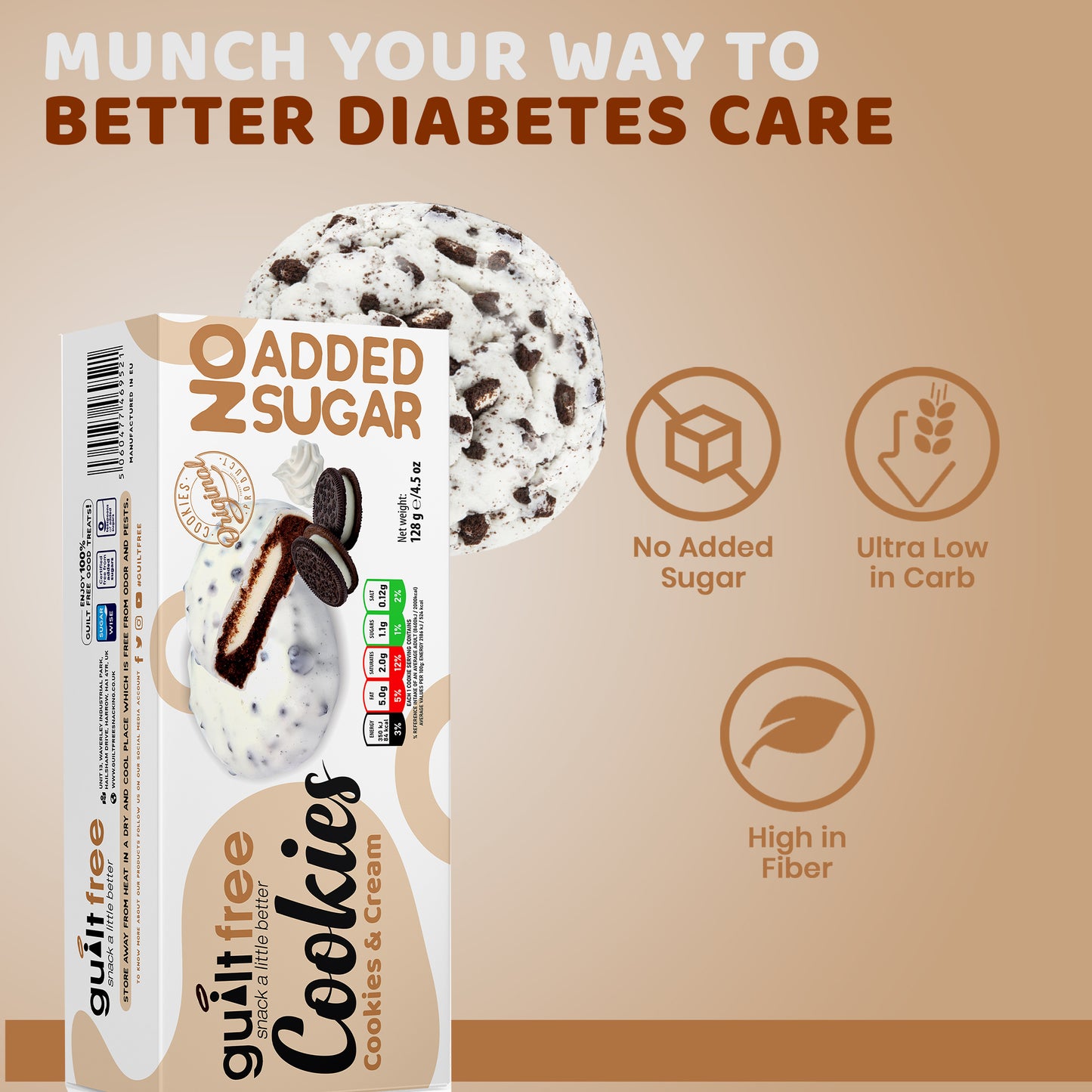 GuiltFree No Added Sugar Cookies 128g - Cookies & Cream