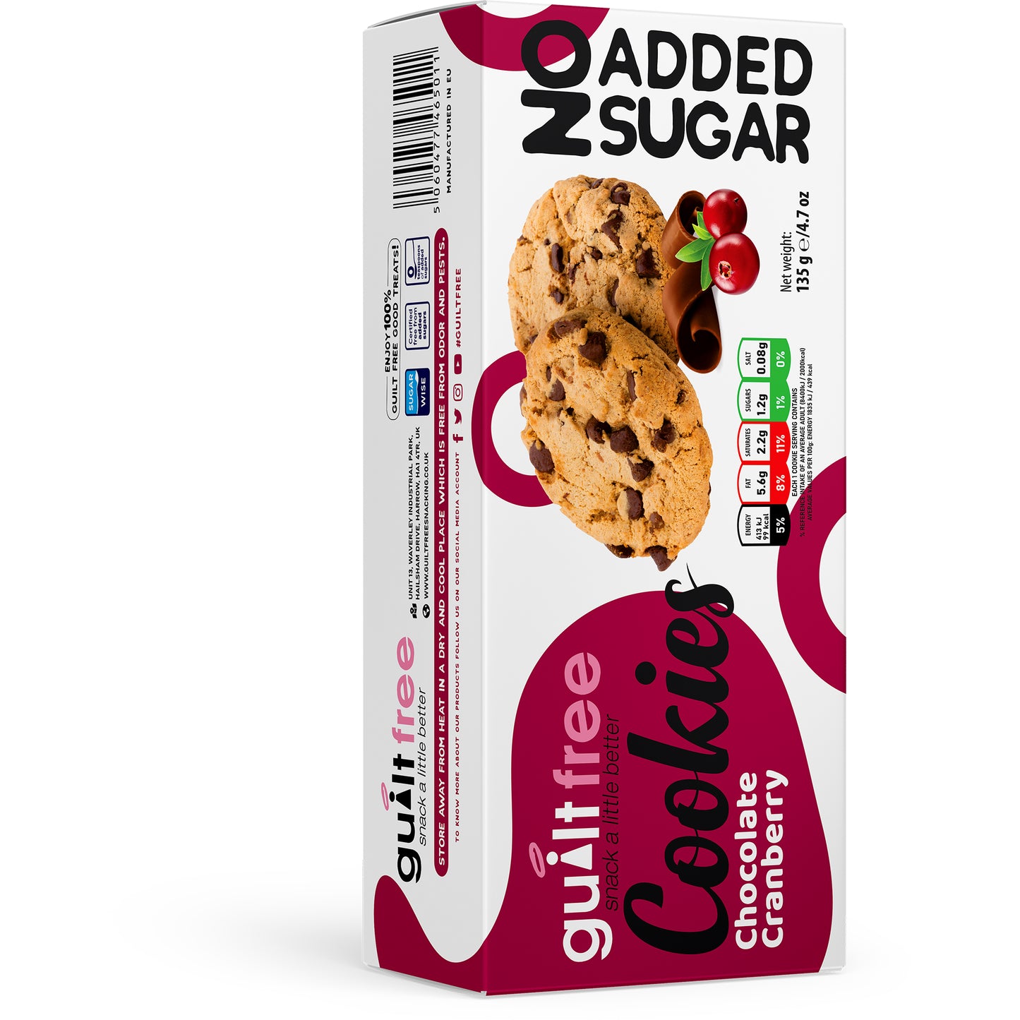 GuiltFree No Added Sugar Cookies 135g - Chocolate Cranberry