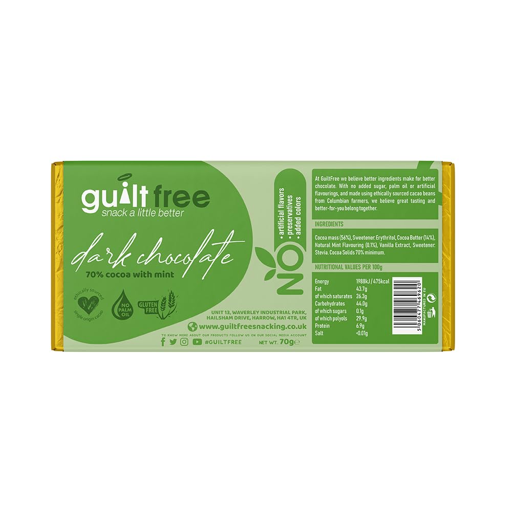 GuiltFree No Added Sugar Chocolate Bar 70g with Dark Chocolate with Mint