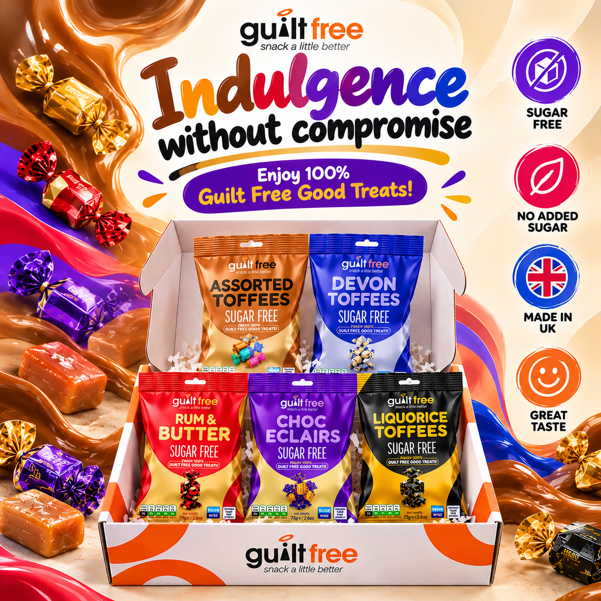 GuiltFree Sugar-Free Chewy Toffee Gift Box – 5 Flavours 375g