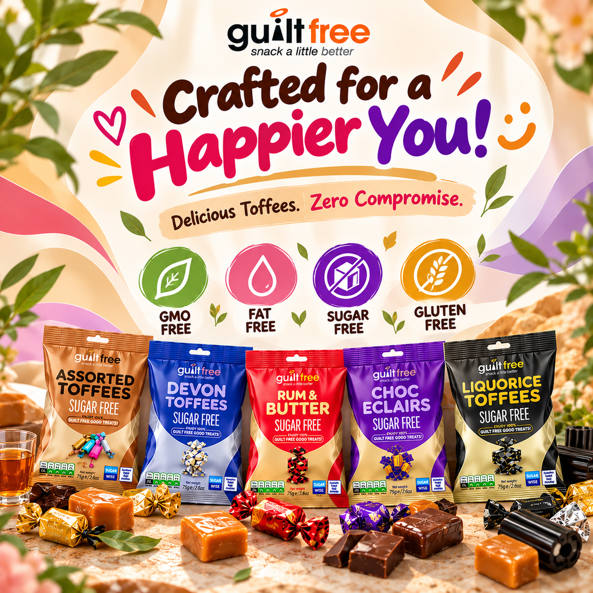 GuiltFree Sugar-Free Chewy Toffee Gift Box – 5 Flavours 375g