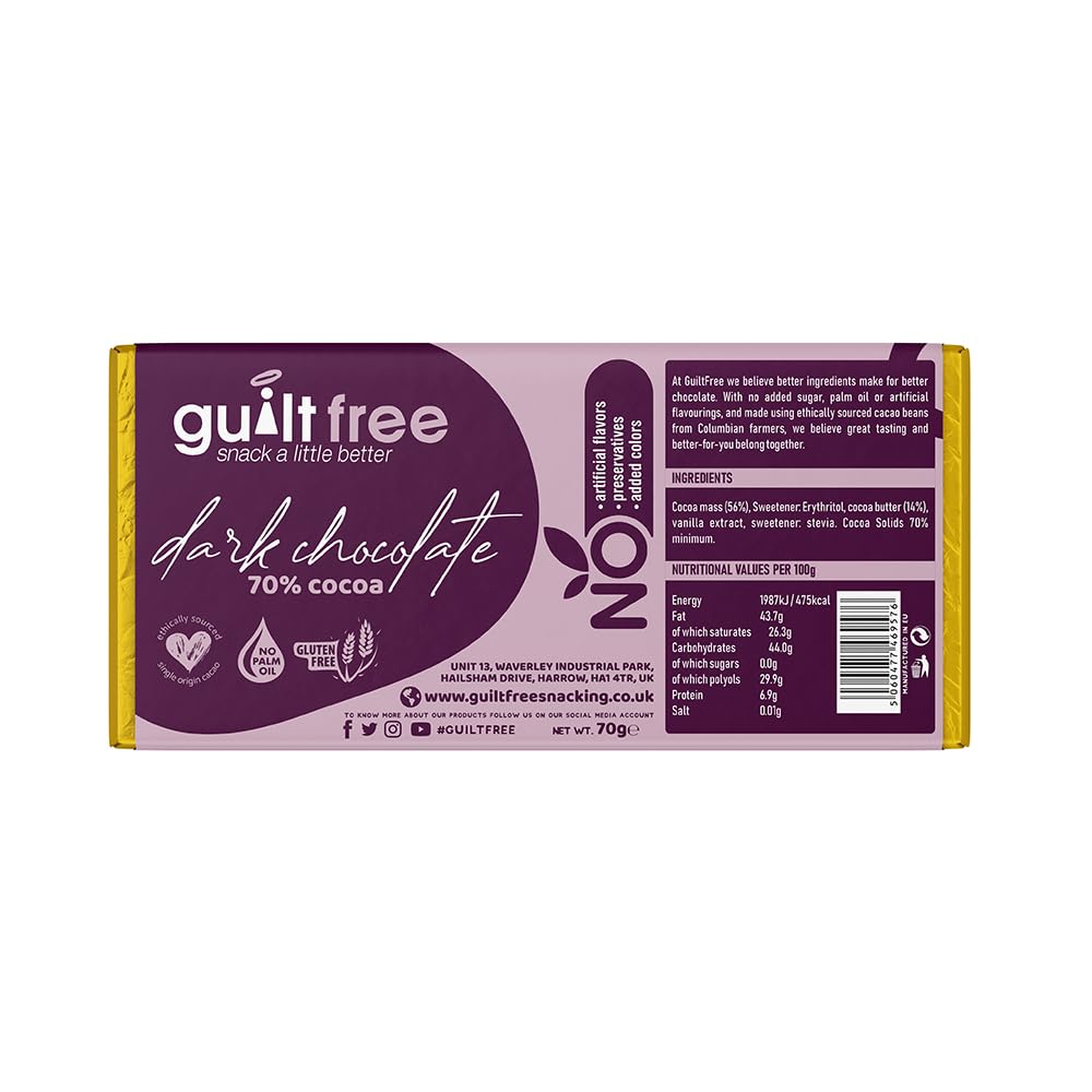 GuiltFree No Added Sugar Chocolate Bar 70g  with 70% Cocoa