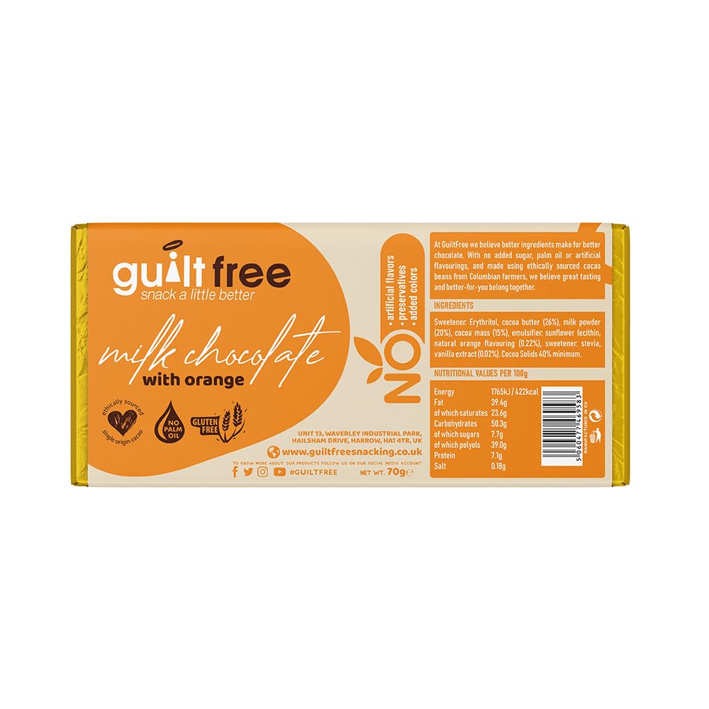 GuiltFree No Added Sugar Chocolate Bar 70g  with Orange