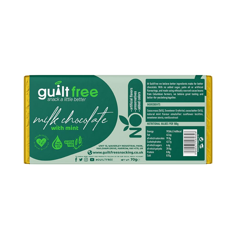 GuiltFree No Added Sugar Chocolate Bar 70g Milk Chocolate with Mint