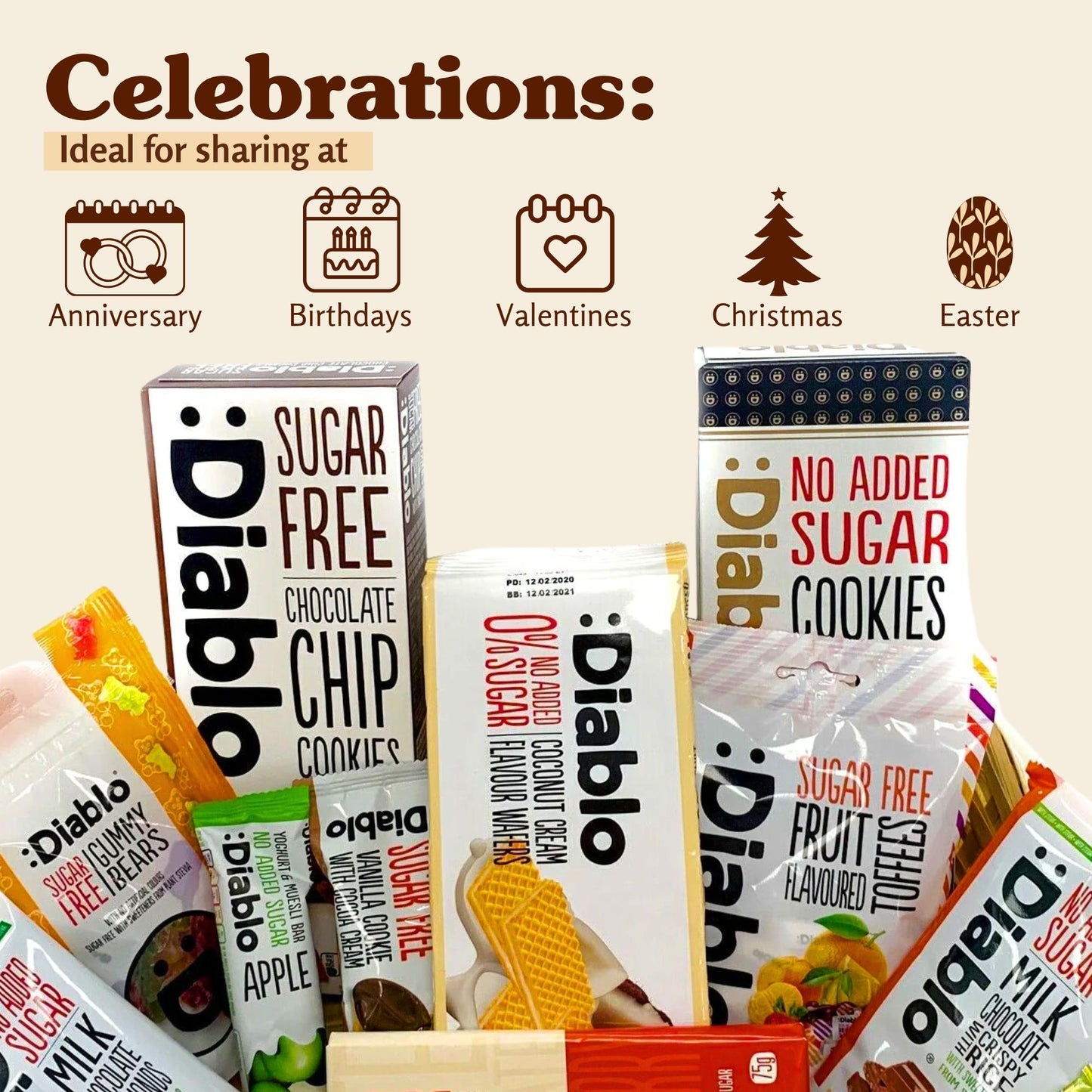 Diablo Diabetic Sugar Free Gift Hamper Box Sweets Gummy Cookies Bar Bars Snack