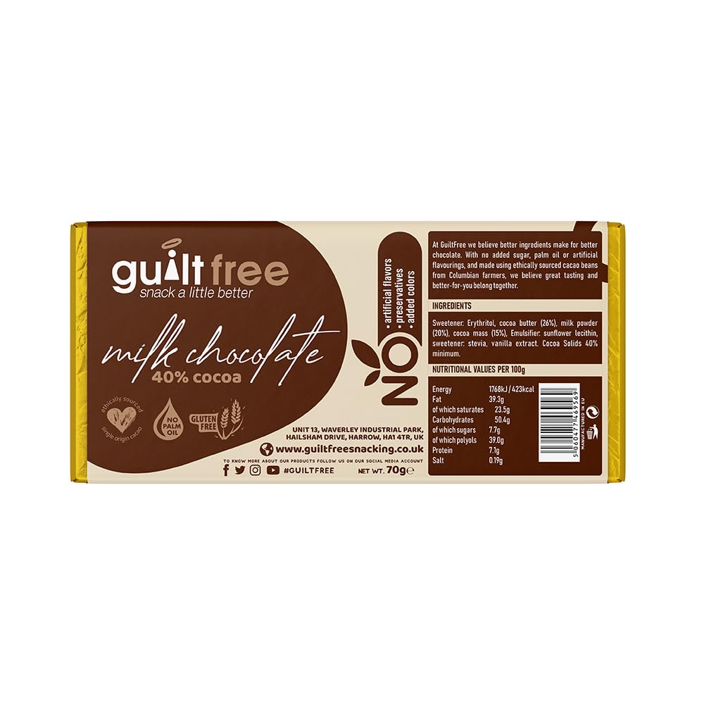 GuiltFree No Added Sugar Chocolate Bar 70g with 40% Cocoa